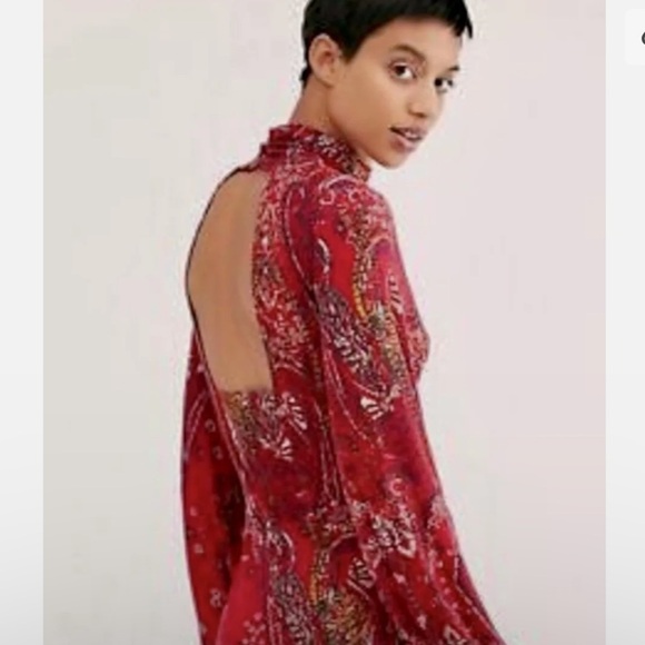 Free People All Dolled Up Women’s Red Paisley Pattern Mock Neck Boho Mini Dress - Picture 3 of 15